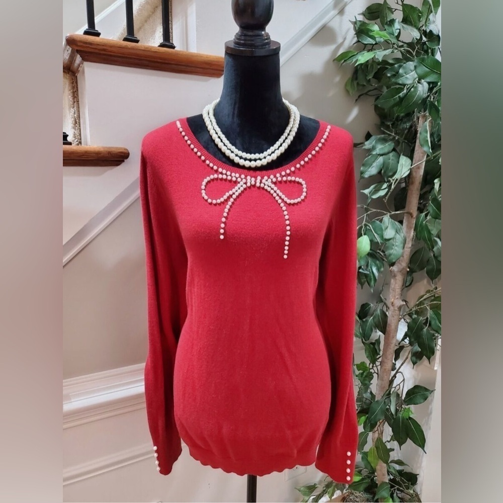 Elle Women Red Cotton Round Neck Long Sleeve Pullover Knit Sweater Size …